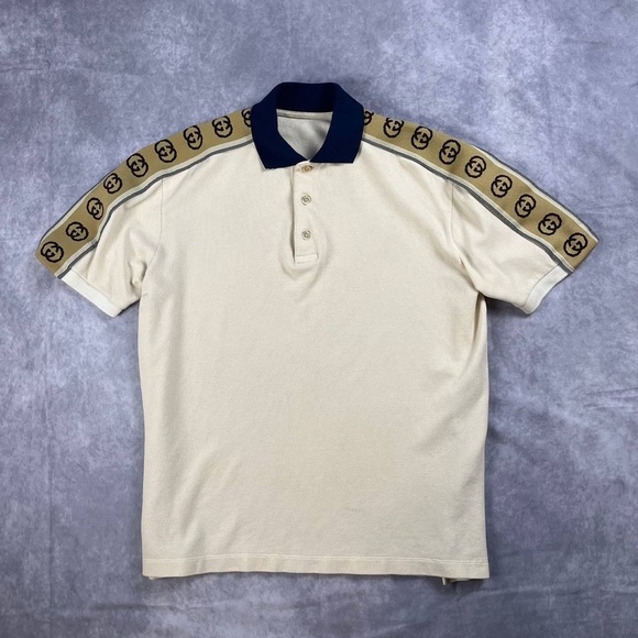 Men's Beige Polo Shirt with Navy Collar - Picture 1 of 6